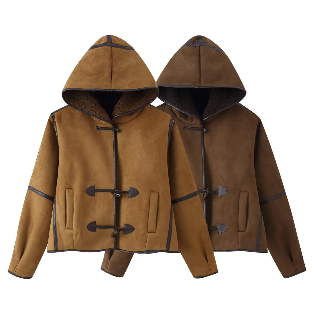 Women's Short Hooded Sheepskin Imitation Duffle Jacket with Toggle Fastenings Mune Fashion