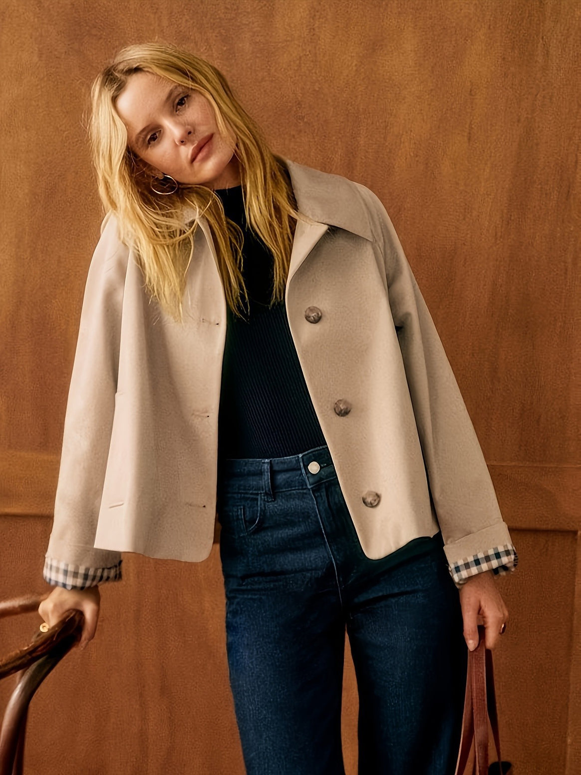 Women's Boxy Short Coat with Oversized Lapels and Check Cuffs Mune Fashion