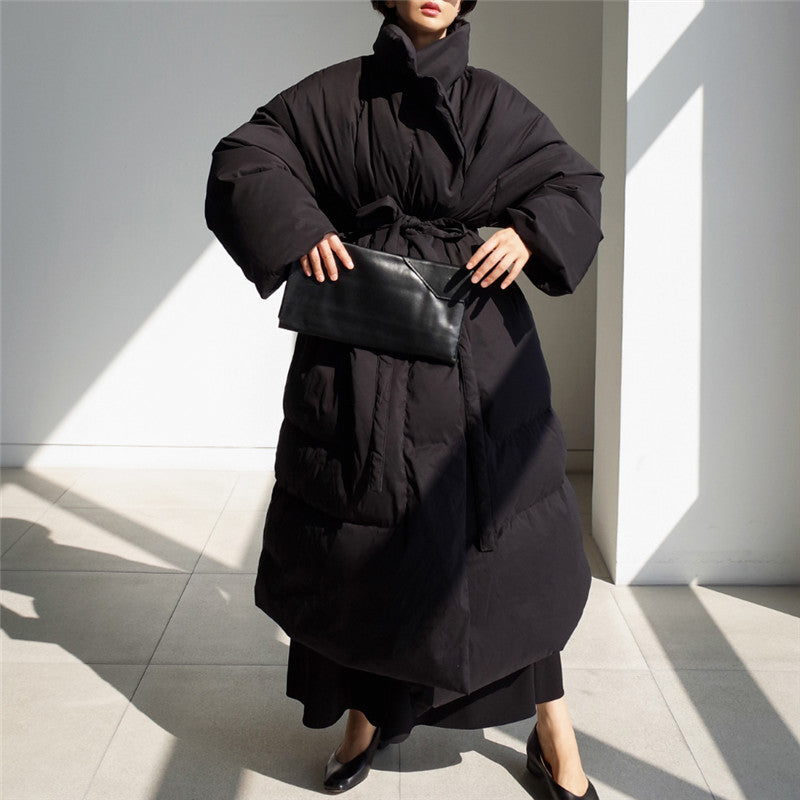 Women's Oversized Padded Maxi Coat with High Stand-Up Collar, Tie Belt and Windproof Filling Mune Fashion