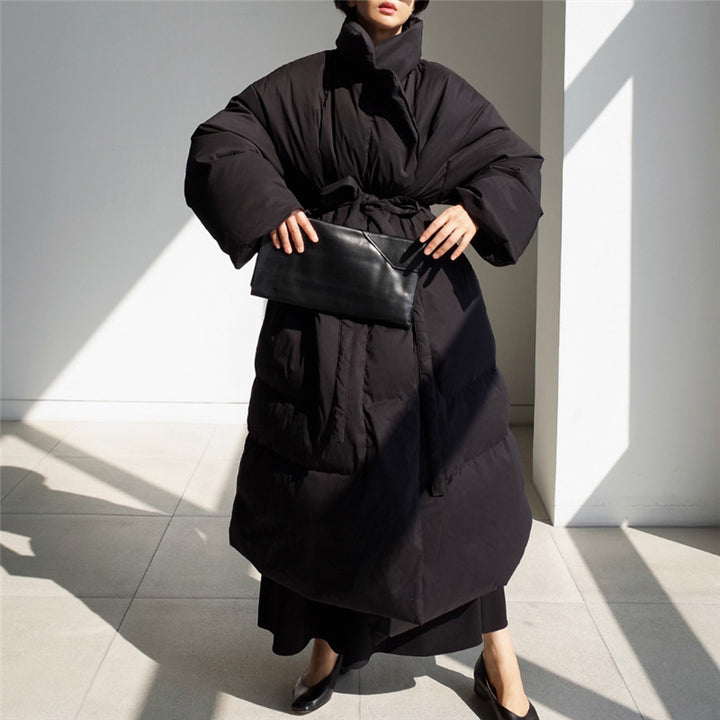 Women's Oversized Padded Maxi Coat with High Stand-Up Collar, Tie Belt and Windproof Filling Mune Fashion