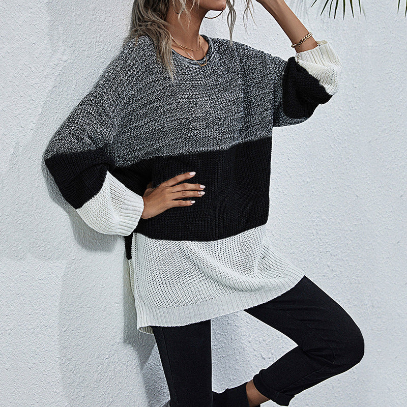Women's Longline Chunky Knit Sweater with Color Block, Round Neck and Slightly Dropped Shoulder Mune Fashion