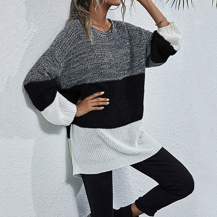 Women's Longline Chunky Knit Sweater with Color Block, Round Neck and Slightly Dropped Shoulder Mune Fashion