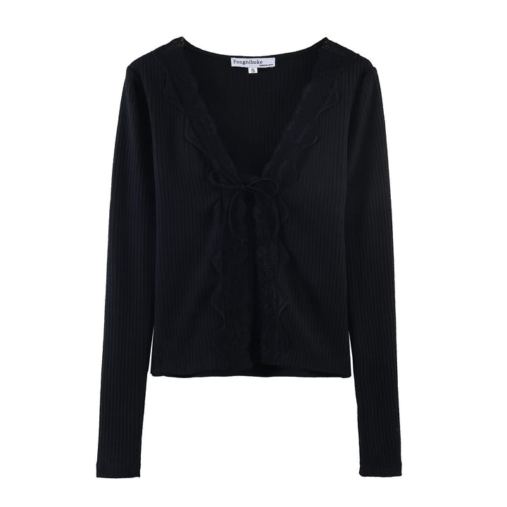 Women Ribbed Cropped Long Sleeve Top with Lace V-Neck and Tie Mune Fashion