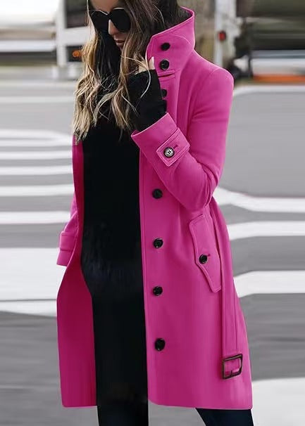 Women's Double-Breasted Trench Coat with High Standing Collar, Waist Belt and Cuff Detail Mune Fashion