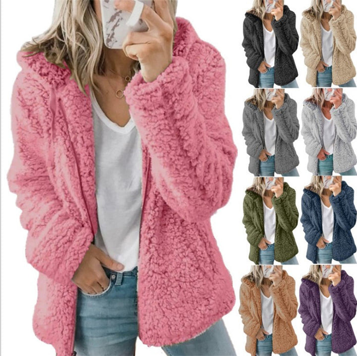 Women's fleece teddy jacket with hood, oversized cut and zipper Mune Fashion