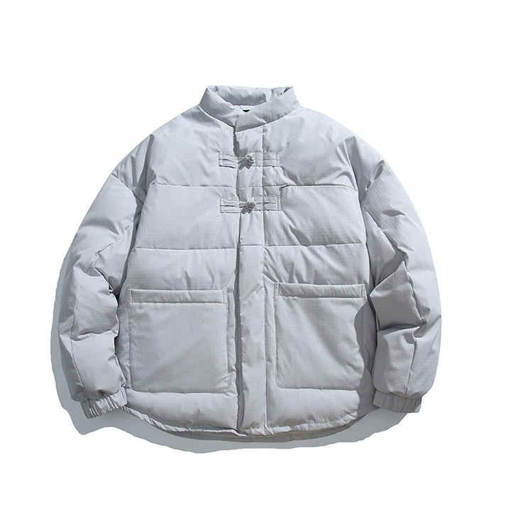 Unisex Boxy padded stand-up collar jacket with Chinese toggle closures and large front pockets Mune Fashion
