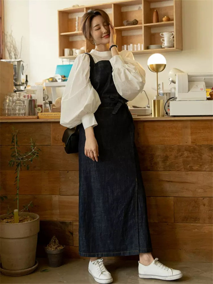Women's Long Jeans Overall Dress with Square Neckline, Waistband and Front Leg Split Mune Fashion