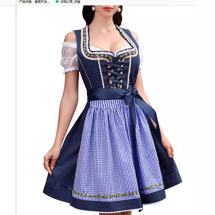 Ladies traditional dirndl dress with lace sleeves, bodice corset, and gathered apron Mune Fashion