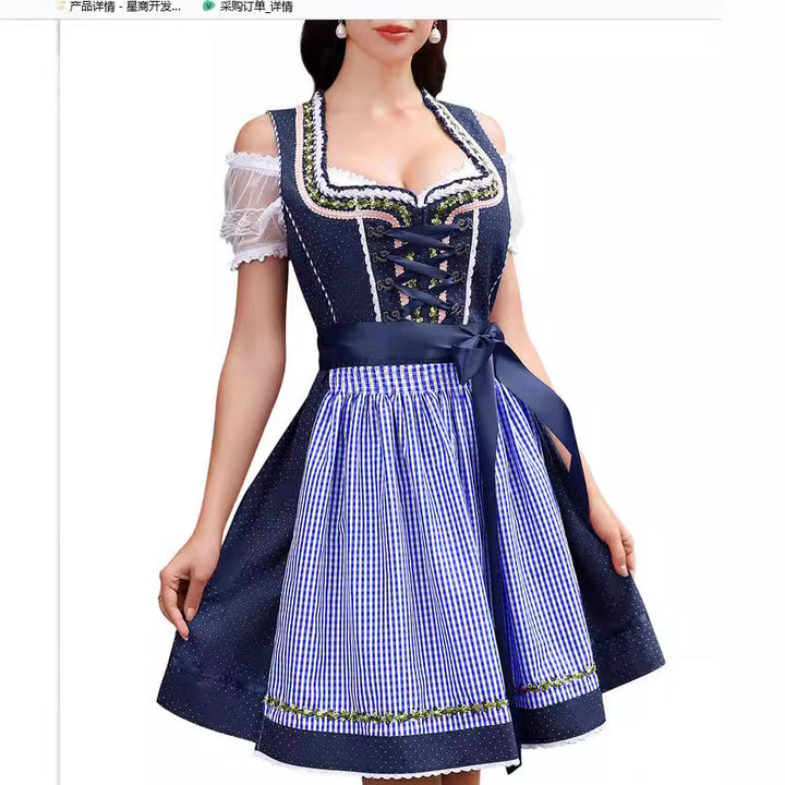 Ladies traditional dirndl dress with lace sleeves, bodice corset, and gathered apron Mune Fashion