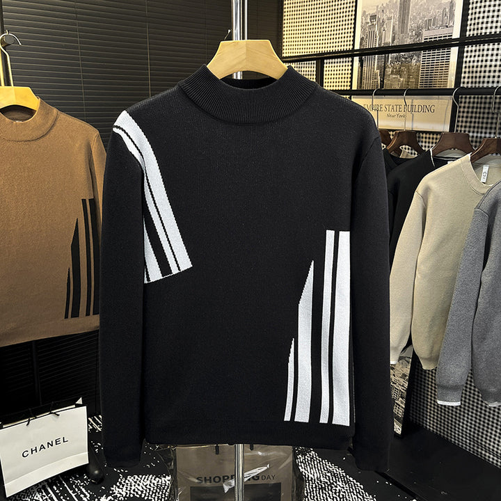 Men's fine knit pullover with short stand-up collar and geometric intarsia design Mune Fashion