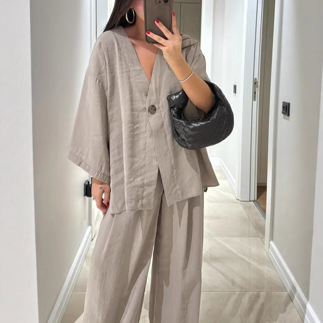 Women's relaxed two-piece linen set with kimono-style oversized jacket and wide palazzo pants Mune Fashion