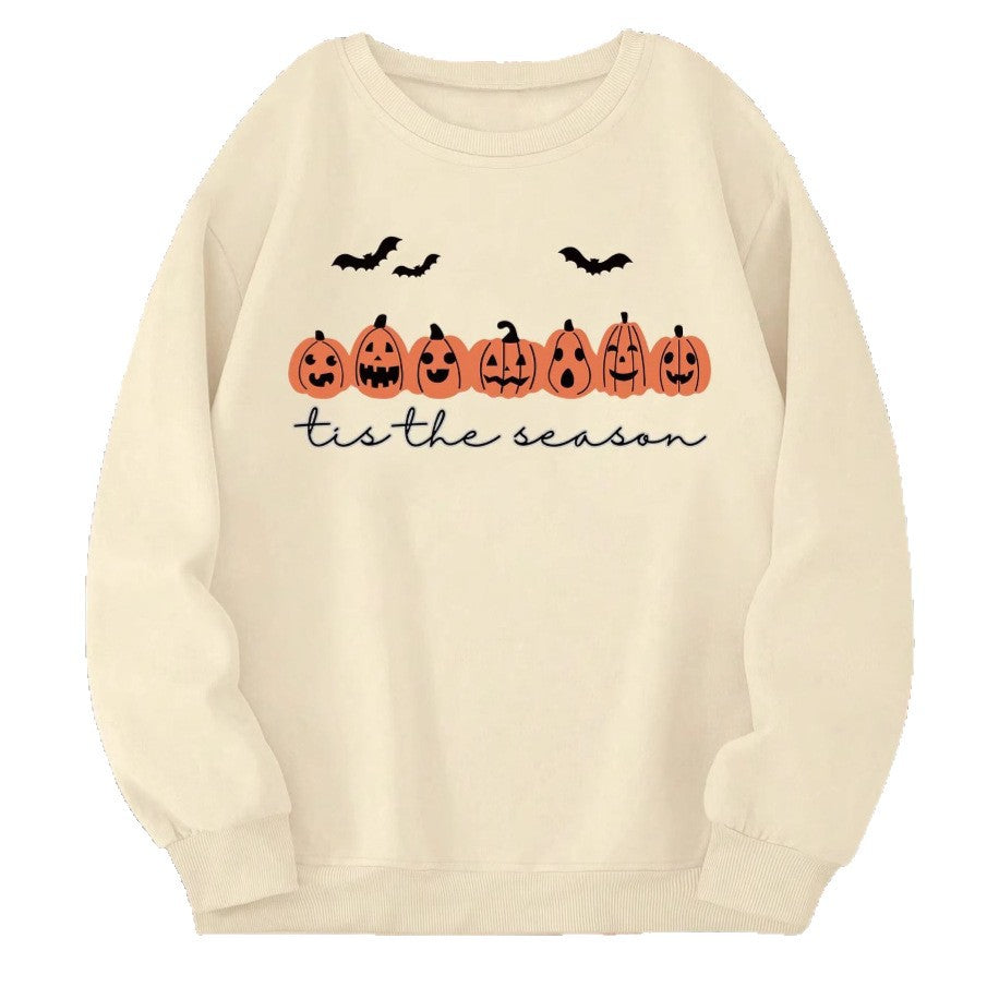 Women's Oversized Sweatshirt with Halloween Pumpkin Print and Round Neck