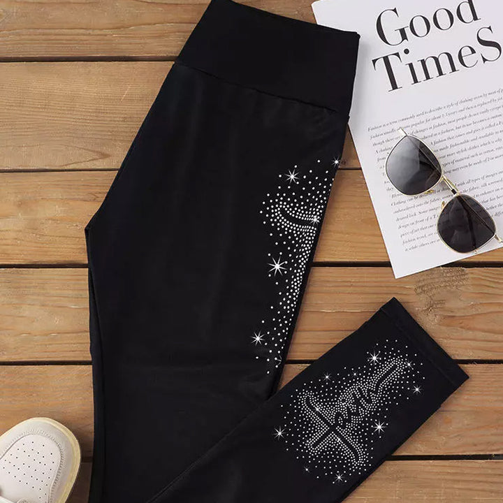 Women's High-Waist Shape-Leggings with Rhinestone Cross Motif and Shaping Compression Mune Fashion