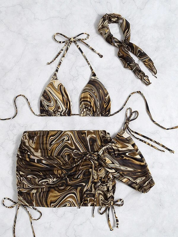 Women's Three-Piece Swim Set with Marbled Pattern Mune Fashion