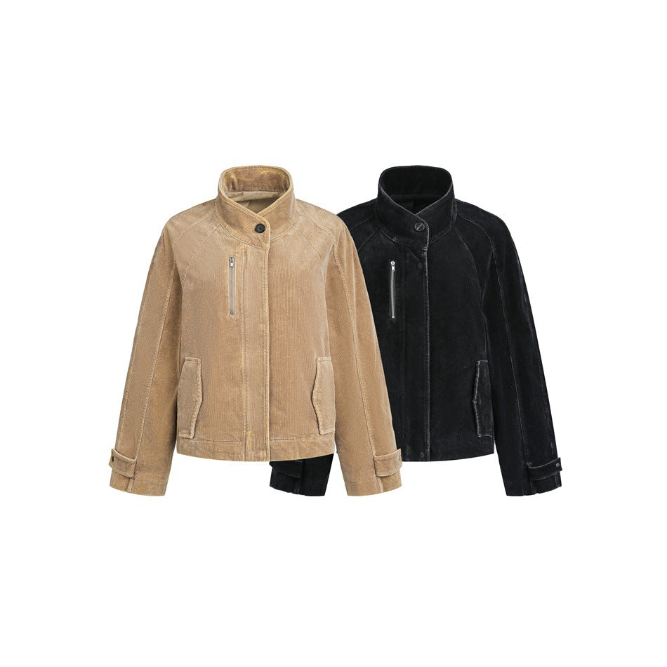 Women's short cord jacket in boxy cut with stand-up collar, zip chest pocket and adjustable cuffs Mune Fashion