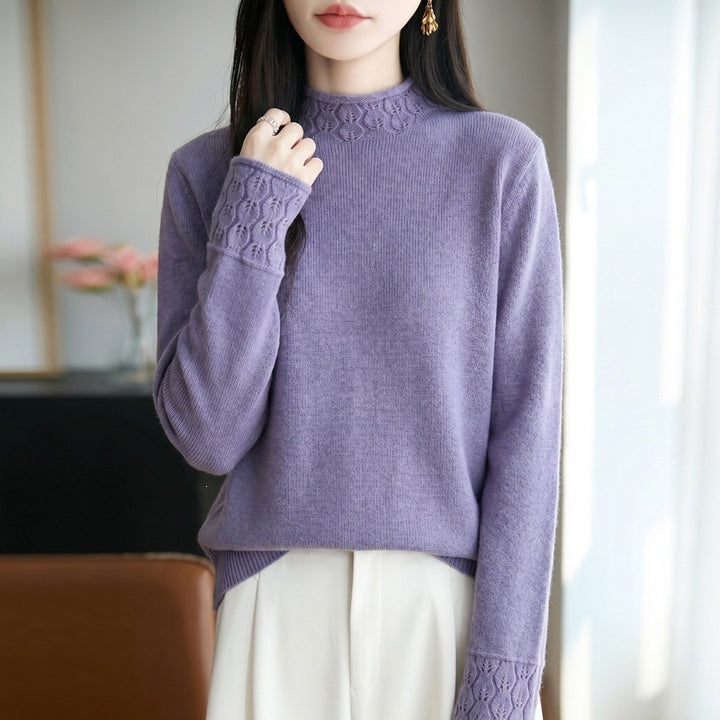 Women's Mockneck Fine Knit Sweater with Openwork Detail at Collar and Cuffs Mune Fashion