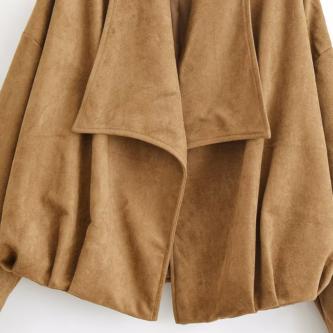 Women's short jacket in suede look with waterfall collar and ballooned hem Mune Fashion