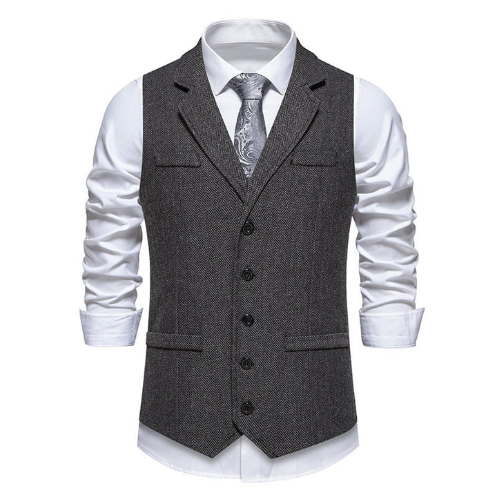 Men's tweed vest with herringbone pattern, notch collar, and flap pockets Mune Fashion