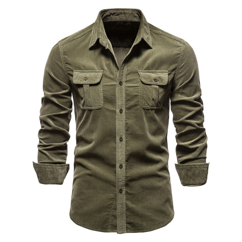 Men's long-sleeved cord shirt with applied breast pockets and Kent collar Mune Fashion
