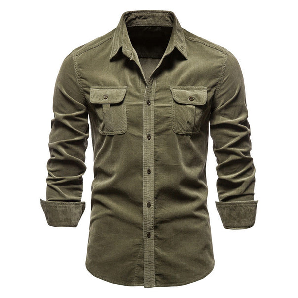 Men's long-sleeved cord shirt with applied breast pockets and Kent collar Mune Fashion