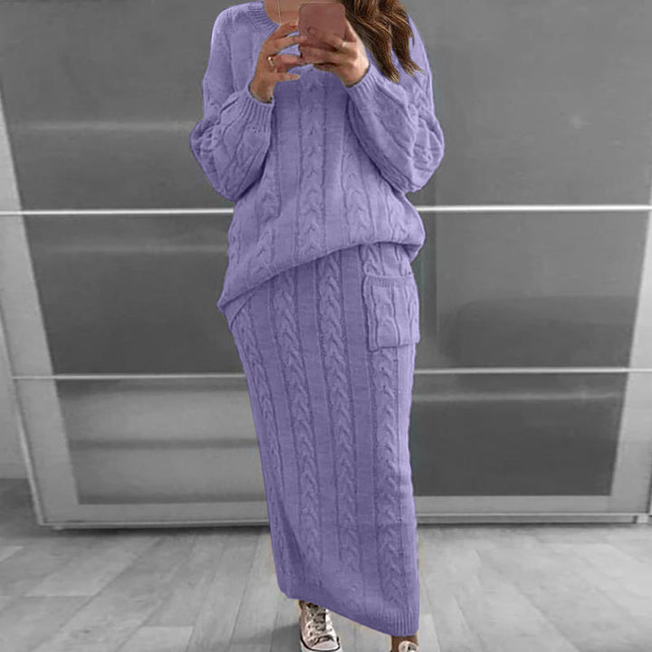 Women’s knitted set oversized cable knit sweater and maxi pencil skirt with patch pocket Mune Fashion