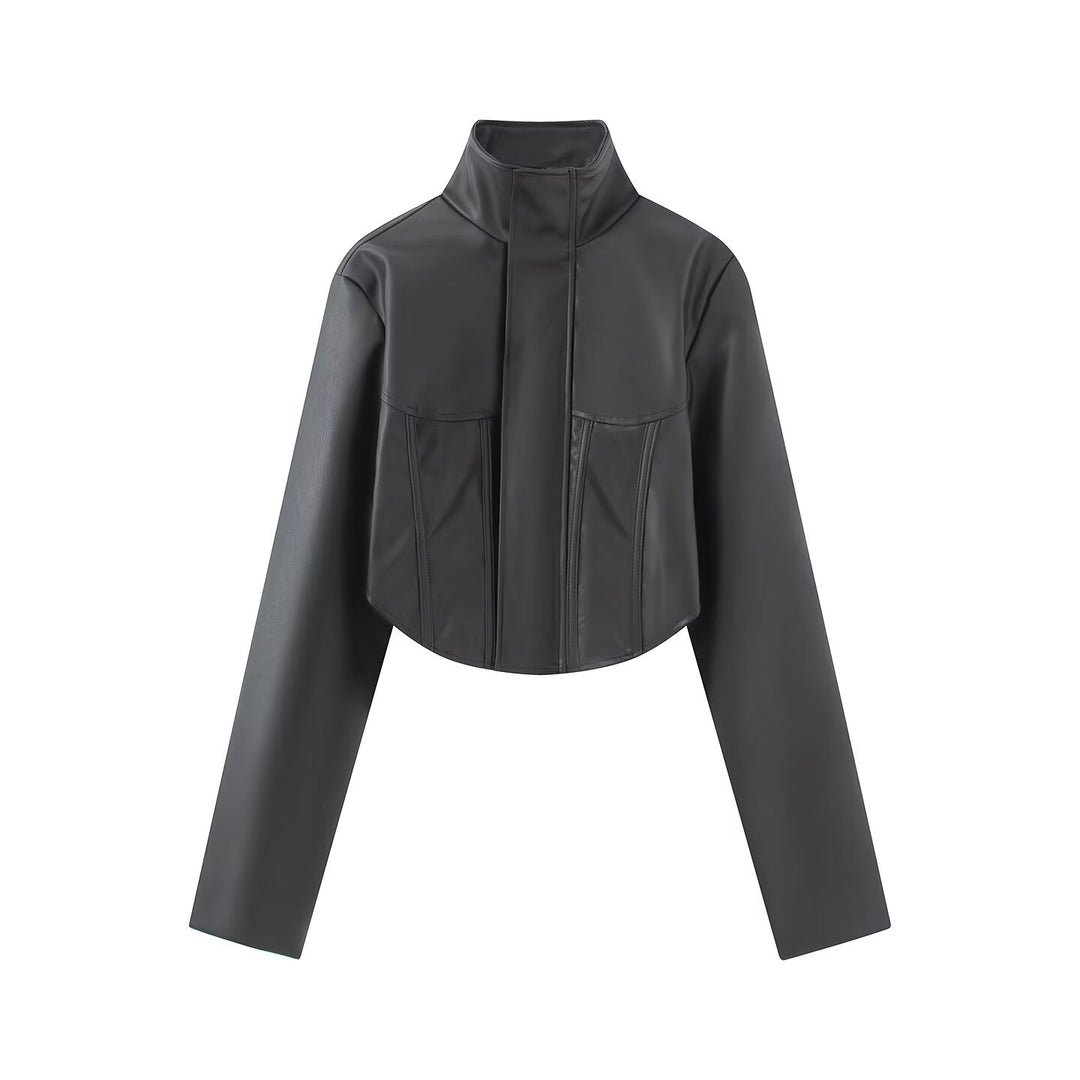 Women's Short Leather Look Jacket with Corset Seam and Stand-Up Collar Mune Fashion