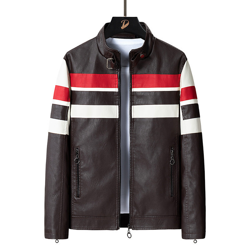 Men's Faux Leather Moto Jacket in Racing Style with Stand Collar and Decorative Stripes Mune Fashion