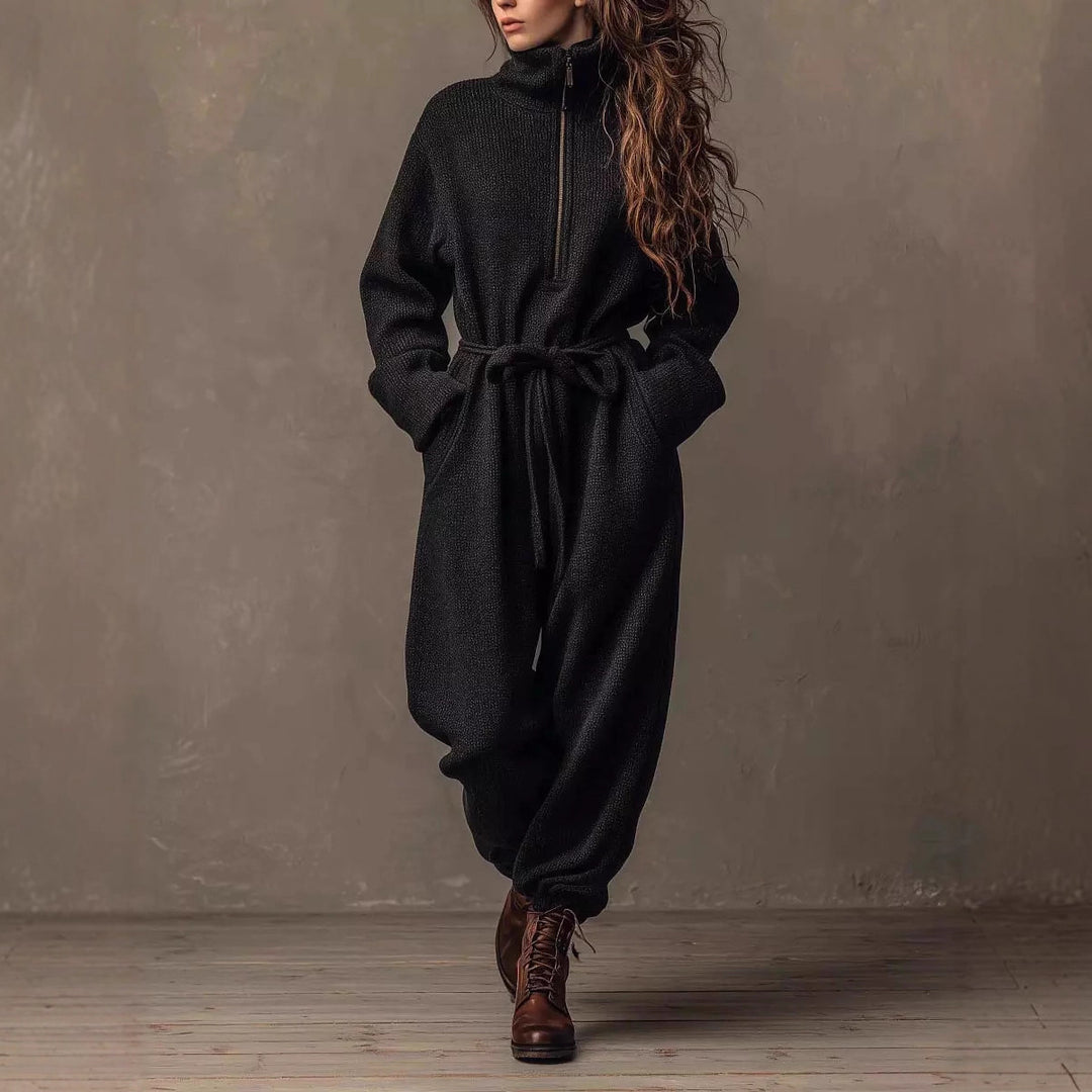 Women's Boucle Jumpsuit with Half Zipper, Waist Belt and Wide Leg Drune