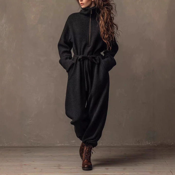 Women's Boucle Jumpsuit with Half Zipper, Waist Belt and Wide Leg Drune