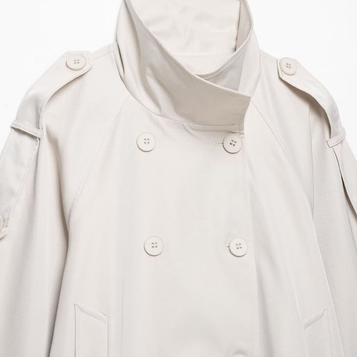 Women Short Cut Cape Trench with High Funnel Collar and Double-Breasted Button Placket Mune Fashion