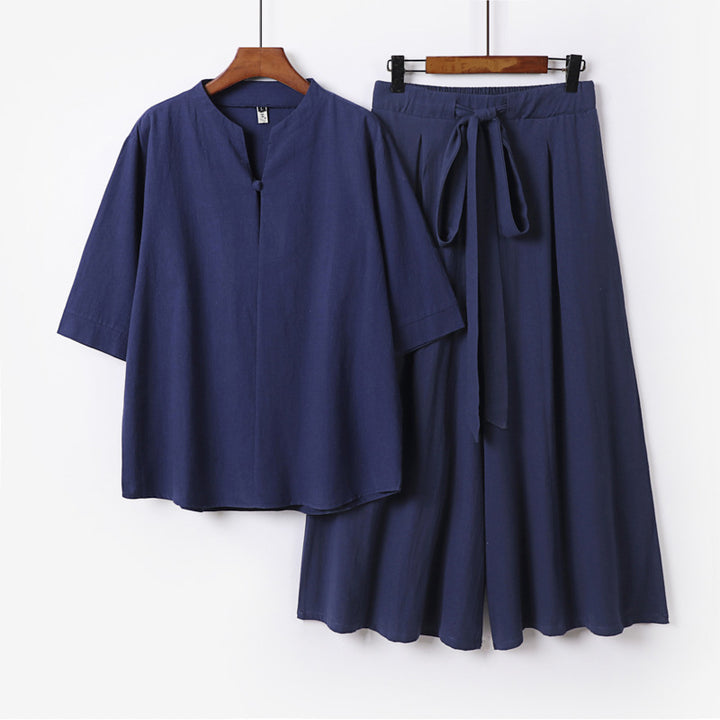 Women's Casual Linen-Viscose Lounge Set with Stand Collar Top and Wide Palazzo Pants Mune Fashion