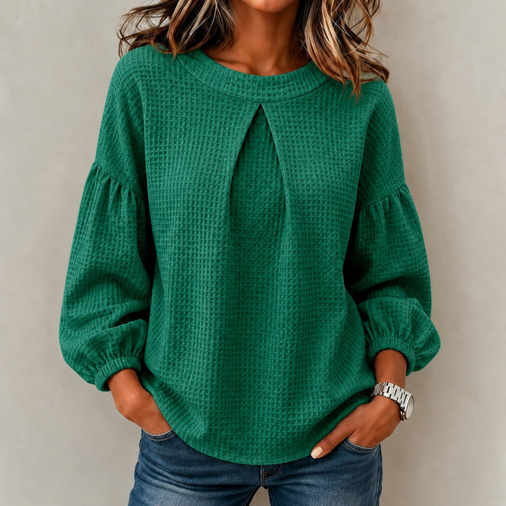 Women's Loose Waffle Knit Sweatshirt with Front Pleat and Balloon Sleeves Mune Fashion