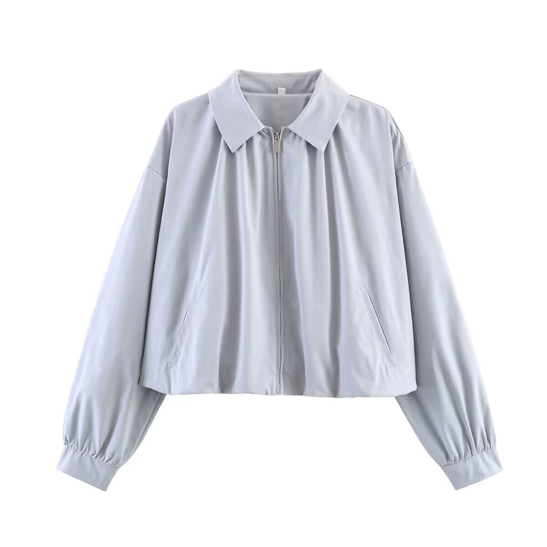 Women's cropped blouse with shirt collar, front zipper and gathered sleeve cuffs Mune Fashion