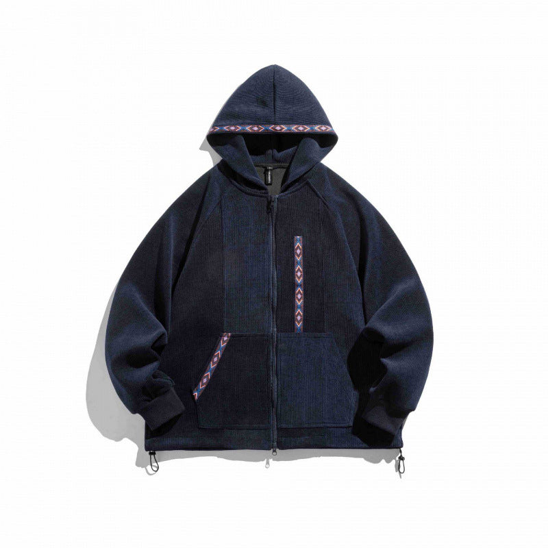 Unisex Oversize Hoodie with Zipper and Woven Decorative Bands Mune Fashion
