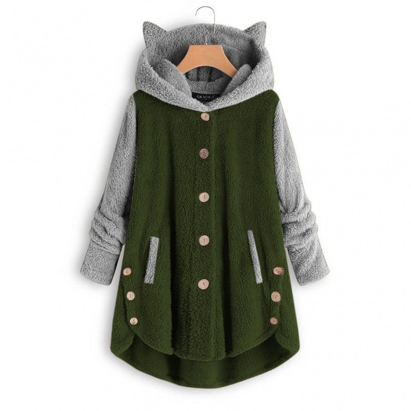 Women's Cozy Hooded Teddy Jacket with Cat Ears, Wooden Button Details and High-Low Hem Mune Fashion