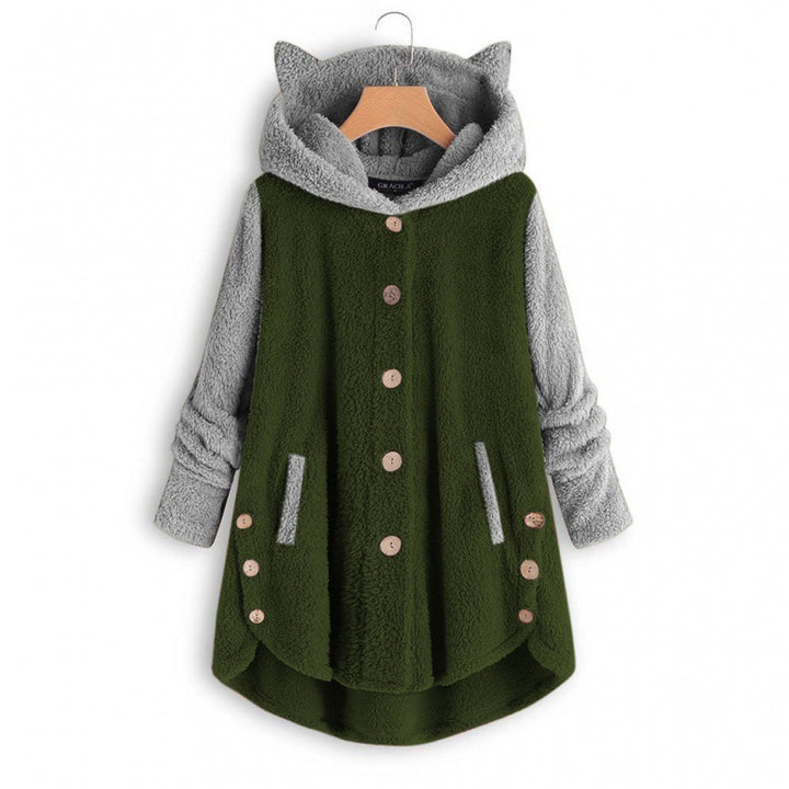 Women's Cozy Hooded Teddy Jacket with Cat Ears, Wooden Button Details and High-Low Hem Mune Fashion