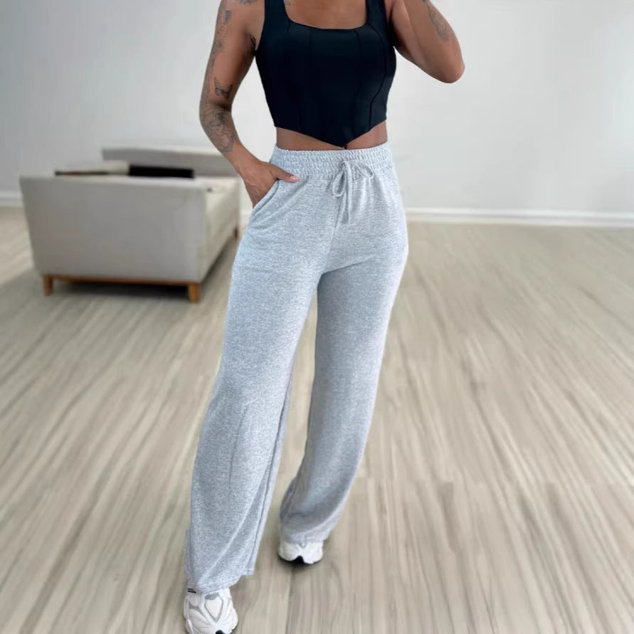 Ladies high-waisted lounge pants with wide leg, drawstring and side pockets Drune