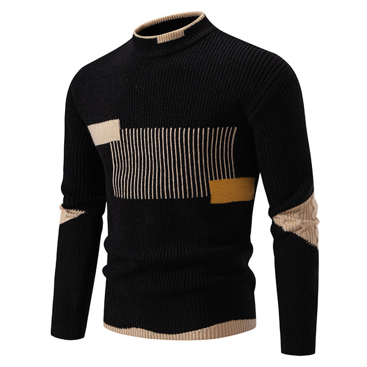 Men's fine ribbed knitted pullover with stand-up collar and contrast block design Mune Fashion