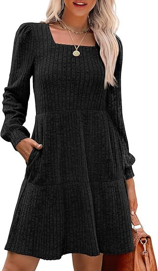 Women's Knitted A-Line Mini Dress with Square Neckline, Tiered Skirt and Pockets Drune