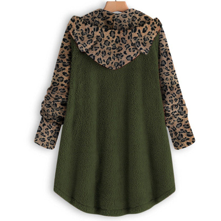 Women's teddy coat with hood, button placket, and contrasting leopard sleeves Mune Fashion