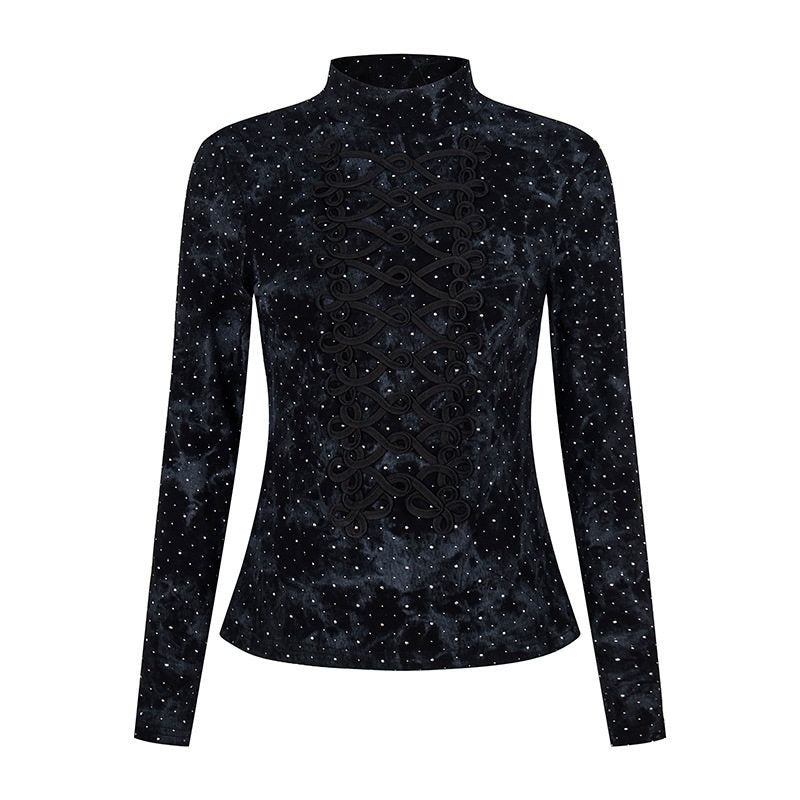 Women's long sleeve shirt with stand-up collar and decorative cord appliqué Mune Fashion