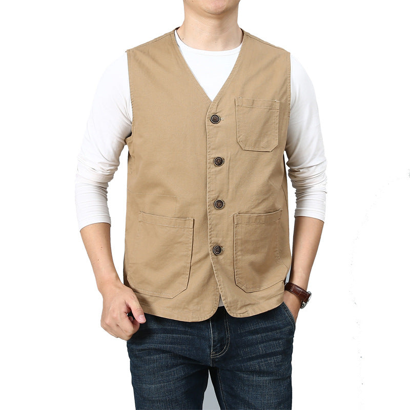 Unisex Canvas Utility Vest with striped lining, patch pockets and button closure Mune Fashion