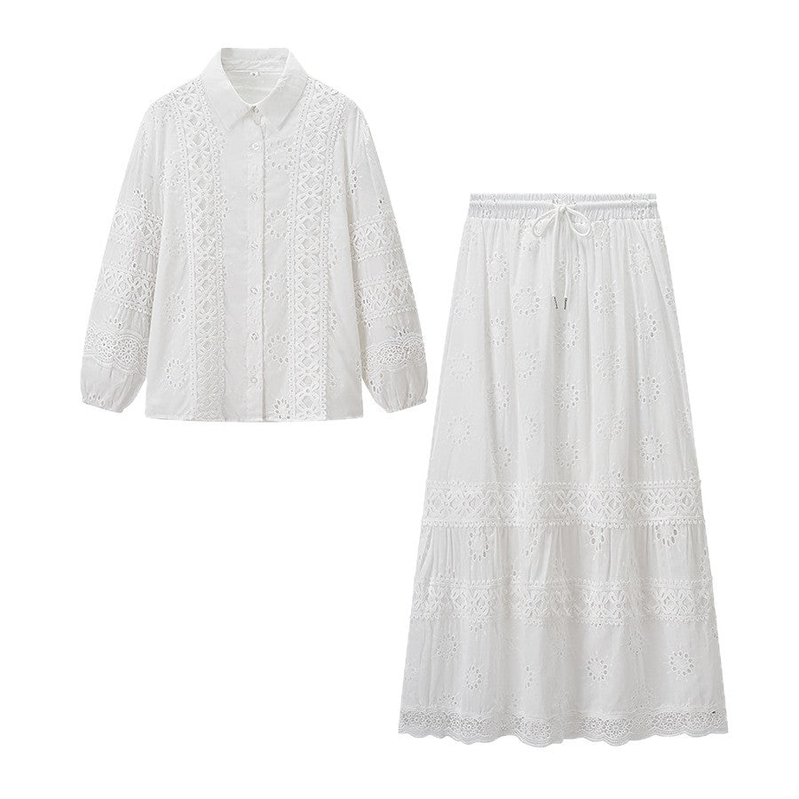 Women's Two-Piece Broderie-Anglaise Set with Shirt Blouse and Tiered Midi Skirt Mune Fashion