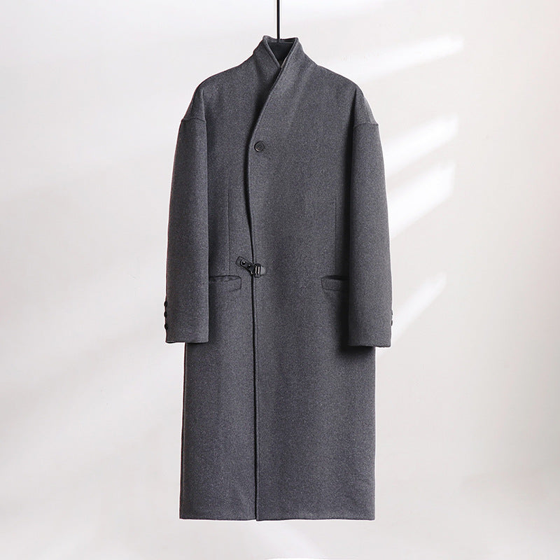 Men's Floor-Length Wool Blend Coat with Wide Shawl Collar and Decorative Toggle Closure Mune Fashion