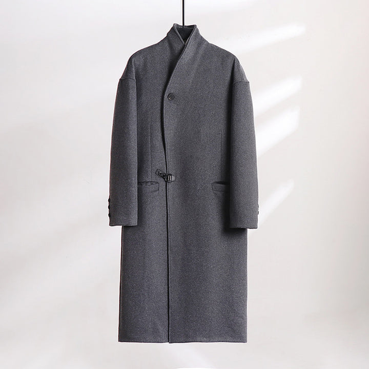 Men's Floor-Length Wool Blend Coat with Wide Shawl Collar and Decorative Toggle Closure Mune Fashion