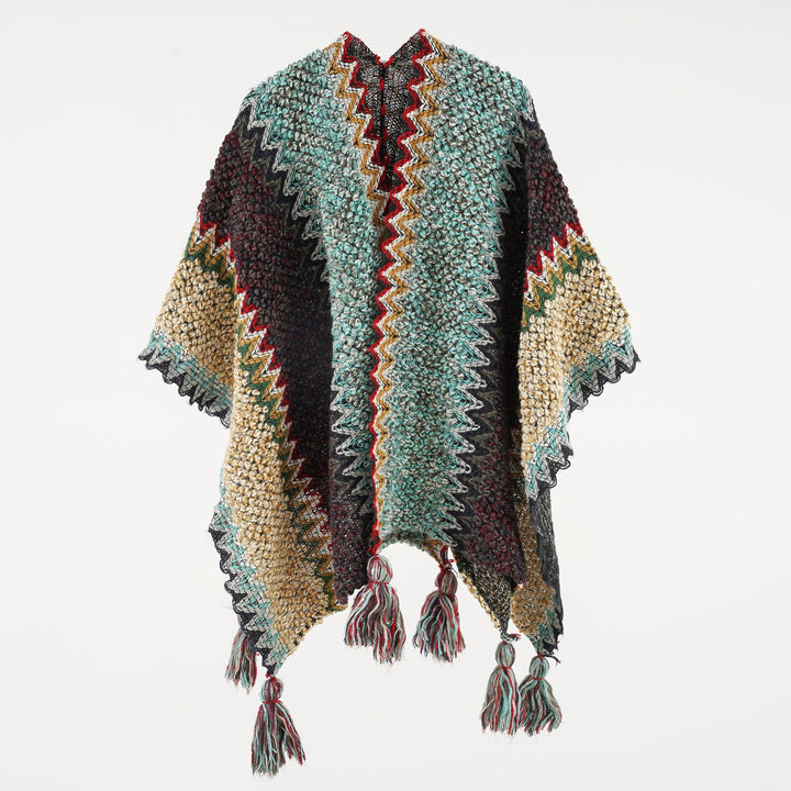 Women's structured bouclé knit poncho with jacquard pattern and tassels Mune Fashion