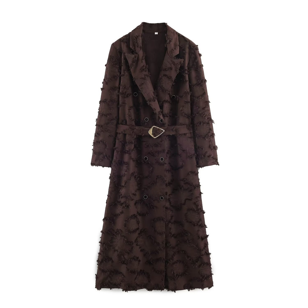 Ladies double-breasted mid-length coat with fringe texture and waist belt Mune Fashion