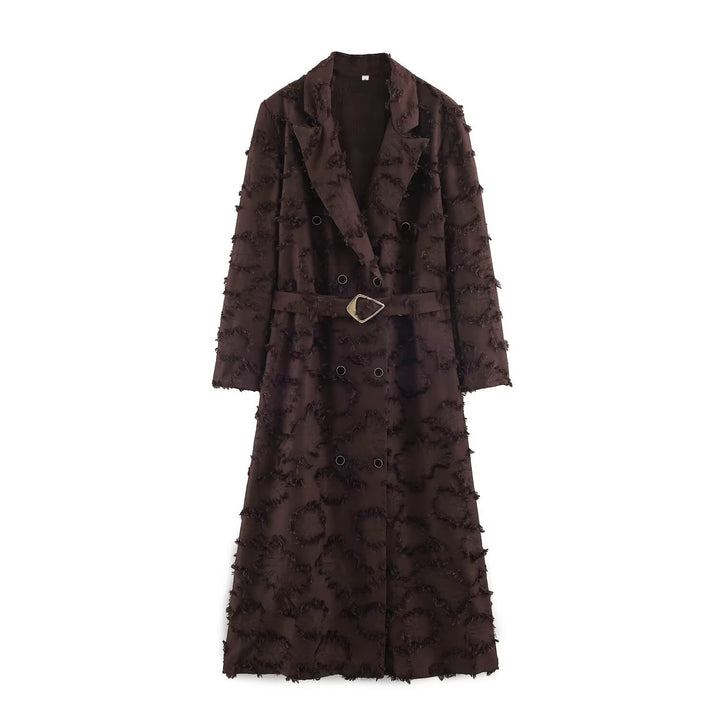 Ladies double-breasted mid-length coat with fringe texture and waist belt Mune Fashion