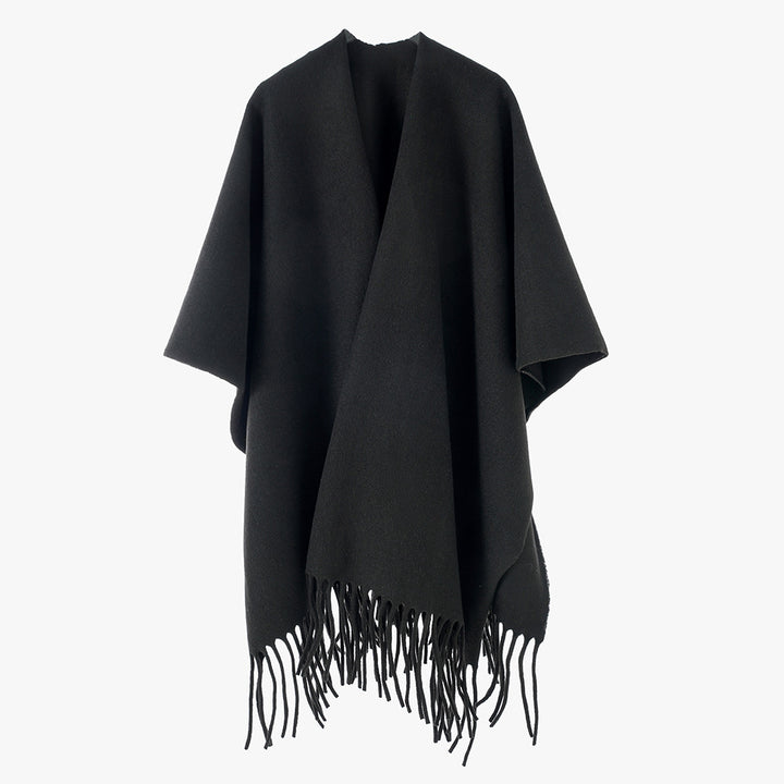 Women's Open Wool Blend Cape-Style Throw with Fringe Hem Mune Fashion