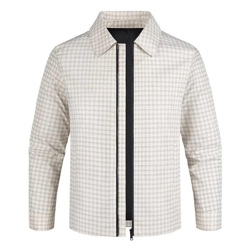 Men's Lightweight Checked Overshirt Jacket with Concealed Two-Way Zipper and Shirt Collar Mune Fashion
